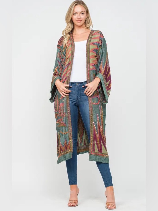 Raj Tops - Raj Boho Floral Embroidered Duster Kimono - Sage Green & Rust